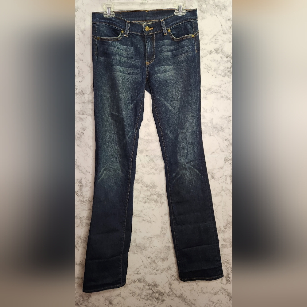 We the People women's 29 dark wash mid rise. Rhinestones fleur-de-lis details